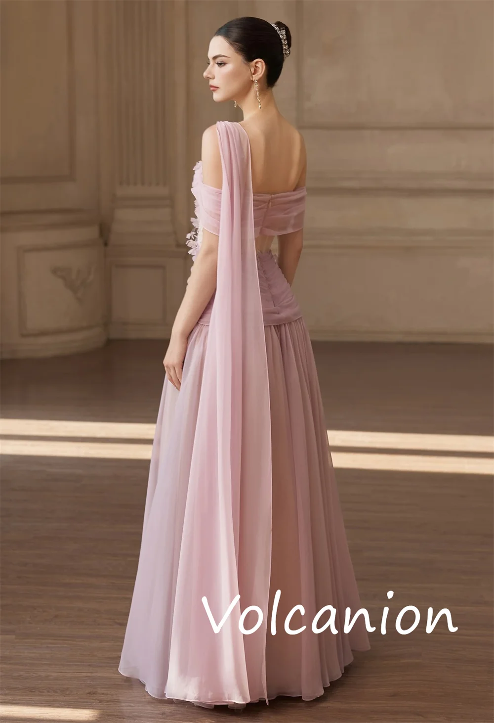 カスタマイズされたシンプルなファッションシフォンスパンコールプリーツAラインオフショルダーロングドレスオーダーメイド機会レトロ