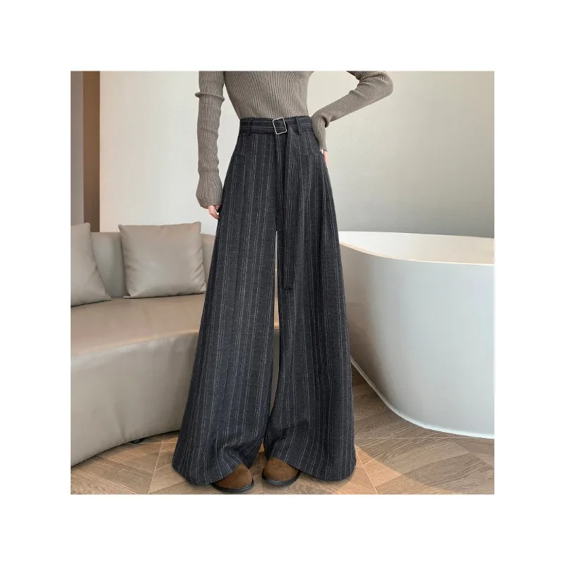 Korean retro striped wide-leg pant women 2026 spring and summer high-waisted and thin versatile mopping straight casual trousers