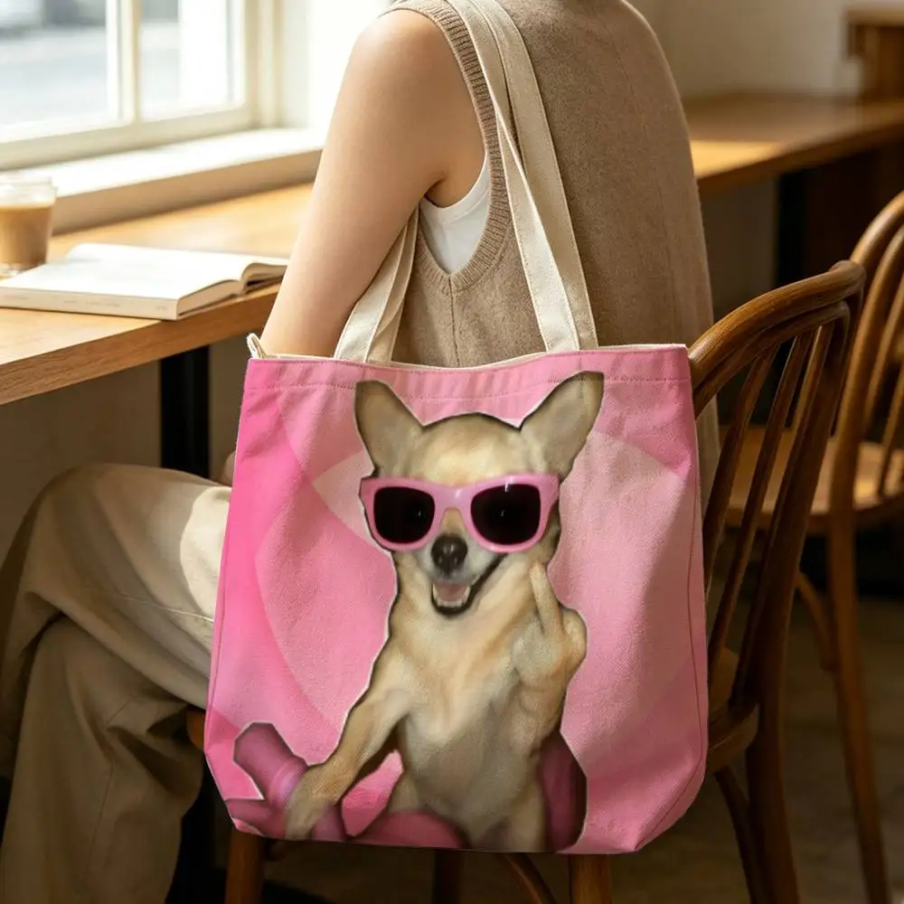C-Chihuahua Funny Memes Tote Bag for Women Reusable Shopping Tote Bag Zippered Shoulder Bags Print