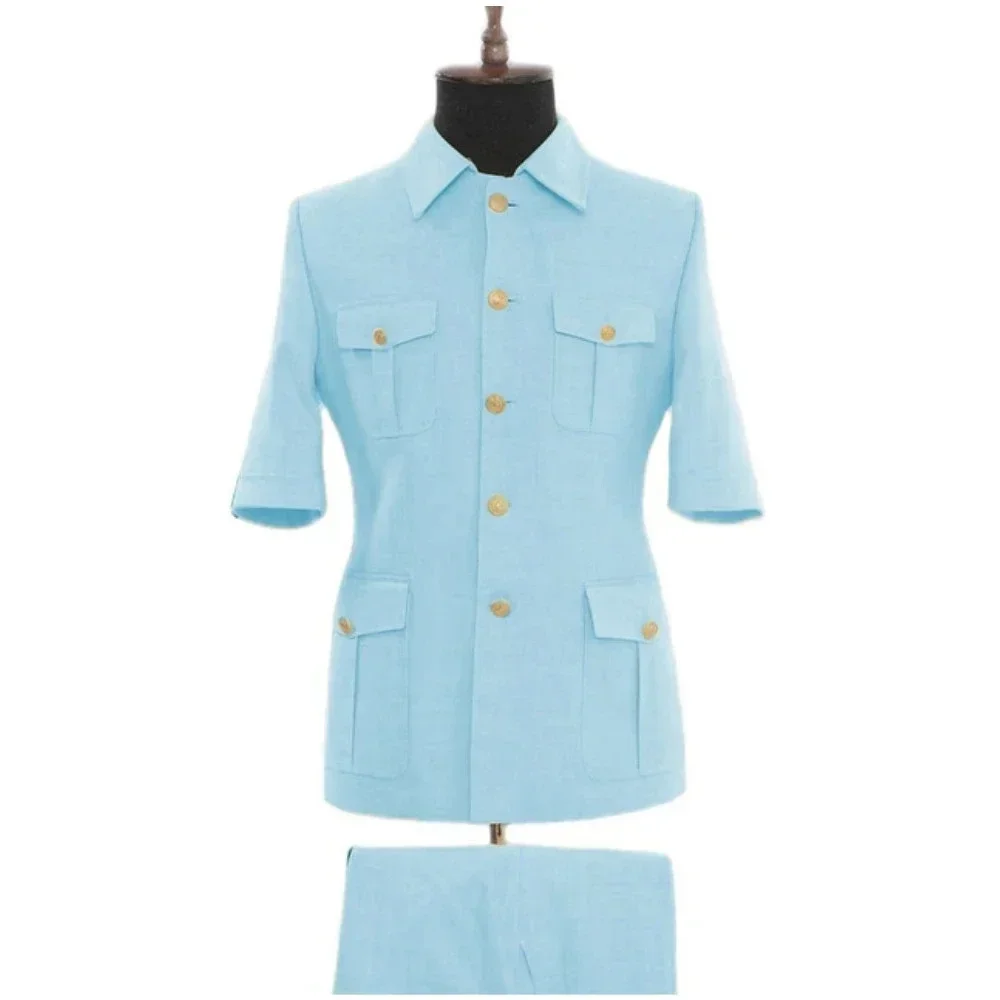 

Men Suits Chic Short Sleeves Single Breasted Jacket Sets with Multiple Pockets Casual Business Daily Wear Outfits 2 Piece