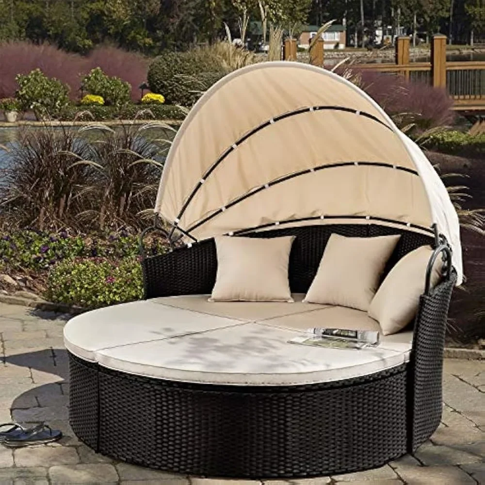 Sofá cama redondo para exteriores con dosel retráctil, asiento divisorio de mimbre, sofá seccional para terraza, césped, jardín, patio trasero y porche