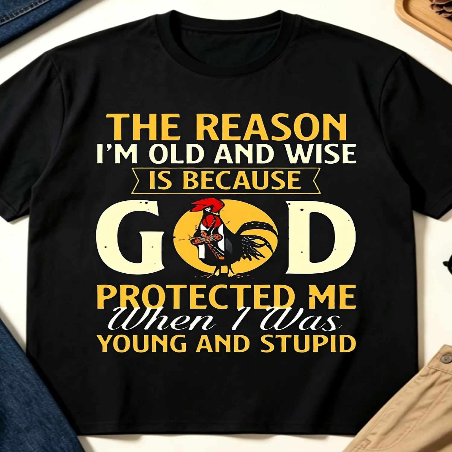 Vintage Print Theme Black Round Neck T-Shirt, Men's Casual Summer Wear, The Reason I'm Old And Wise Is Because God Protected Me When I Was Young And Stupid Graphic Tee, Funny Rooster Design Sho, Short Sleeve T Shirt, Birthday Gift Tee