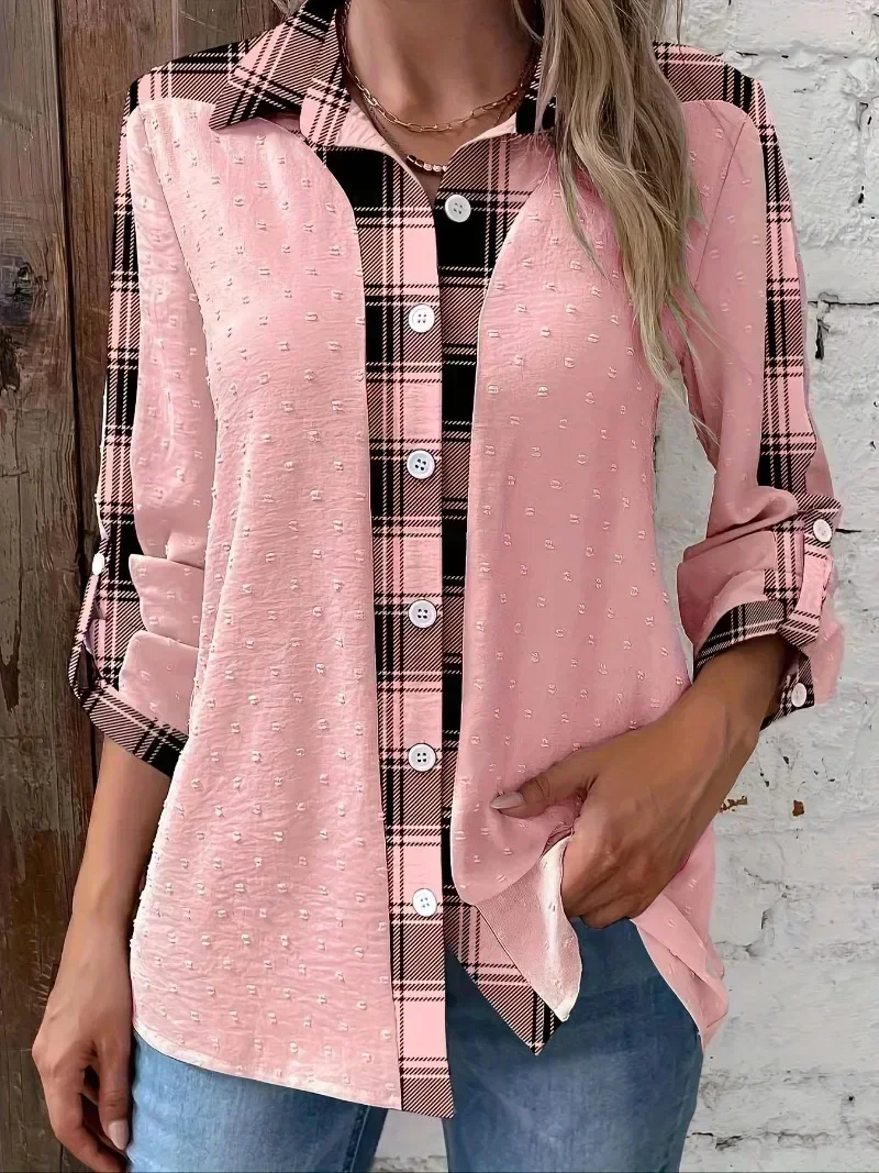 

Women's Plus Size 1XL-5XL Striped Button Front Shirt Collar Top Plaid Patchwork Casual Blouse Long Sleeved T-Shirts