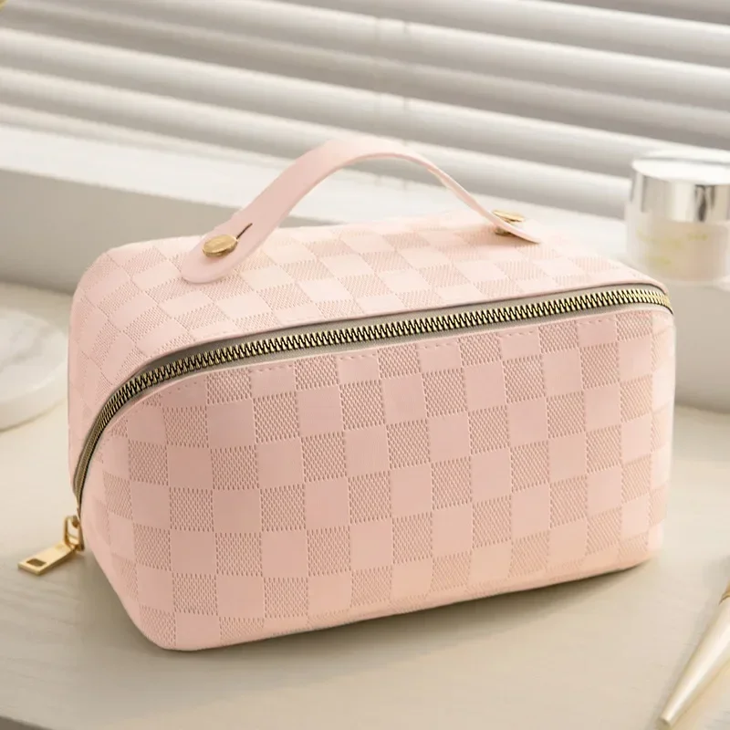 Large Capacity PU Makeup Bag Plaid Pattern Small Square Storage Bag for Toiletry Cosmetics Old Flower Design