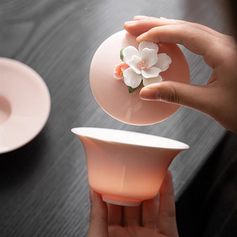Creative Hand-kneading Flowers Ceramic Gaiwan Handmade Suede Jade Porcelain Tea Tureen Teacup Household Tea Bowl Chinese Teaware