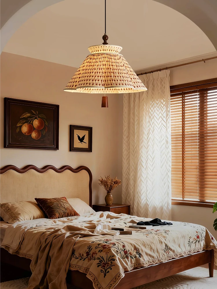 Middle ancient style bedroom dining room small pendant light French retro fabric pendant light Single head hanging line light