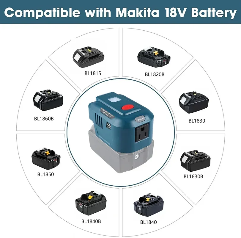 Power Source EU/US Plug for Makita 18V Li-ion Battery Inverter Generator USB Adapter with LED Light for Makita BL1830 BL1860