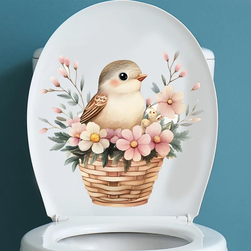 Creative Painting Cute Bird Flower Basket Toilet Sticker Bathroom Home Decoration Wall Sticker Waterproof Kids Room Decoration