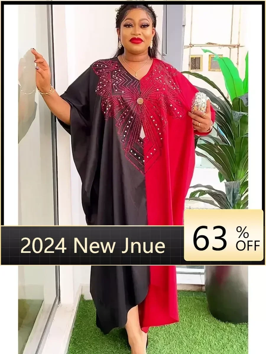 

2024 Brand New Africa Dresses Deep V-neck rhinestone African Clothing Smooth rayon fabric Boubou