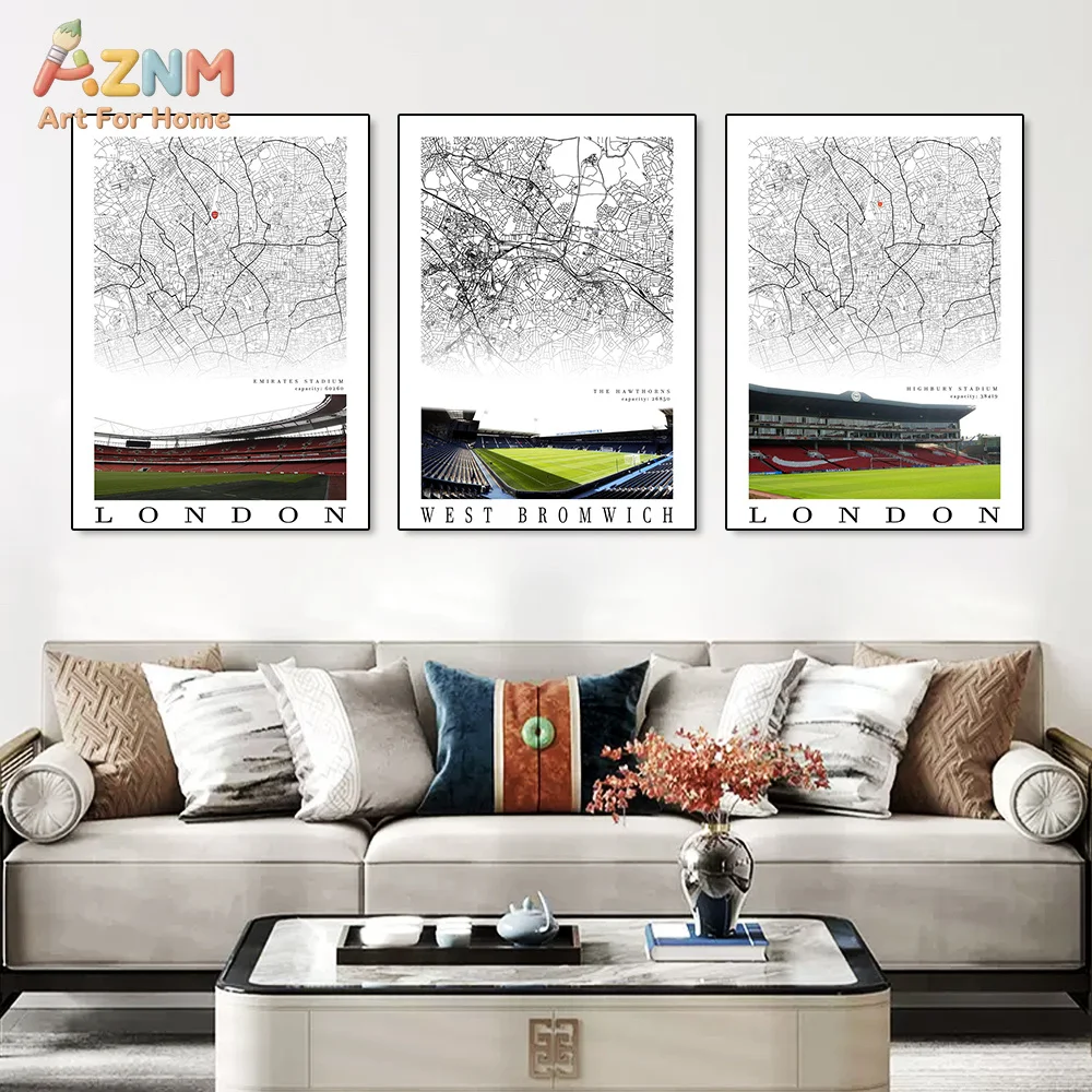 AZNM UK Football Stadium City Map Canvas Wall Art Black White London Manchester Liverpool Soccer Fan Home Decor Unframed Canvas