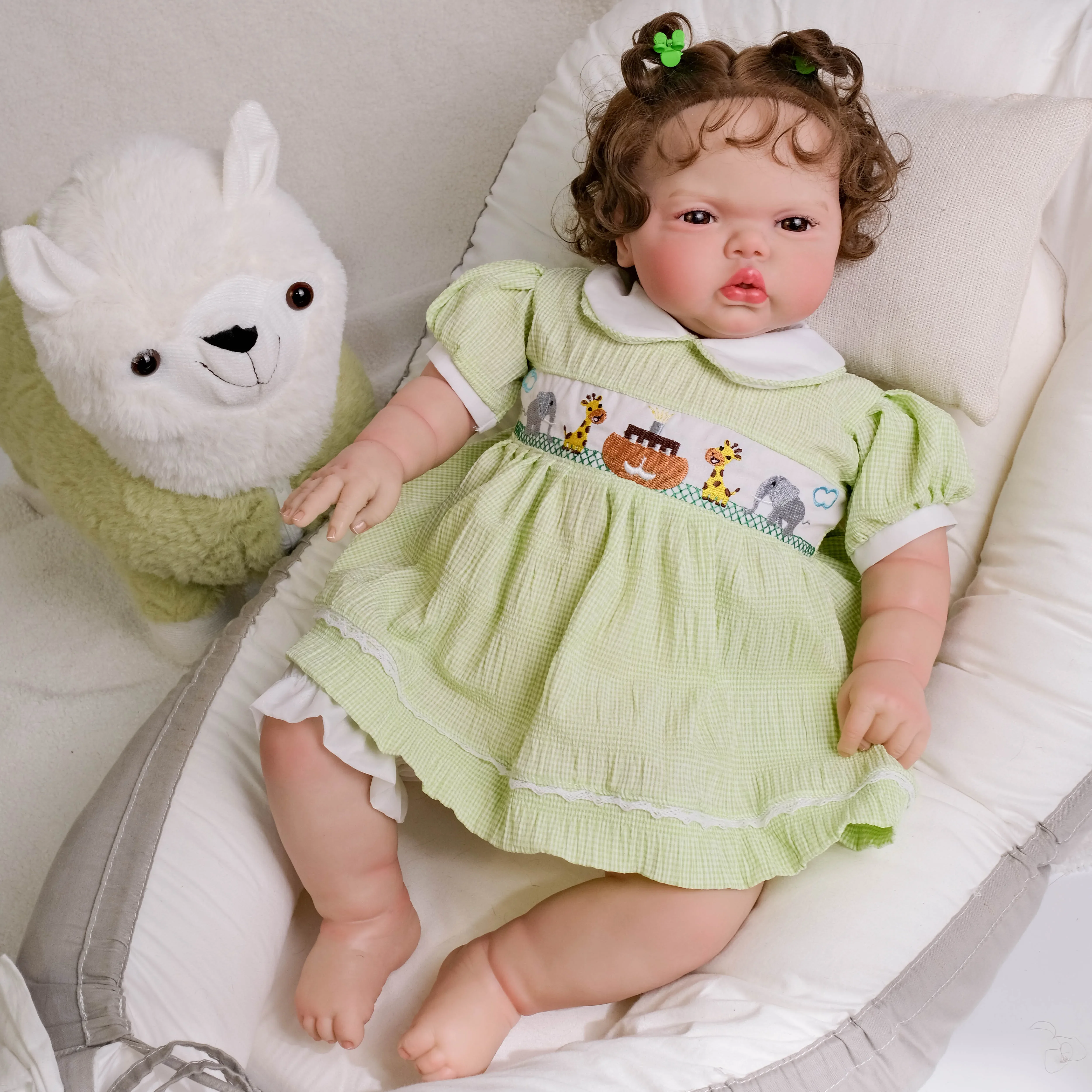 FBBD  24Inch pickle Girl Awake in Soft Cloth Body Lifelike Reborn Toddler Hand Rooted Curly Brown Hair Cuddly Baby Doll Baby