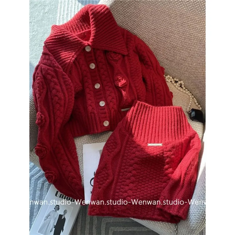 Bożonarodzeniowa czerwony sweter dzianinowy kardigan dzianina w stylu Twists Coat Top Casual Vintage zestawy dwuczęściowe kobiet krótkie spódniczki