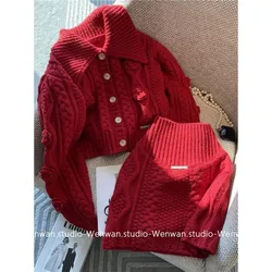 Christmas Red Sweater Knitting Cardigan Knitwear Twists Coat Top Casual Vintage Two Piece Sets Women Short Skirts Slim Skirt