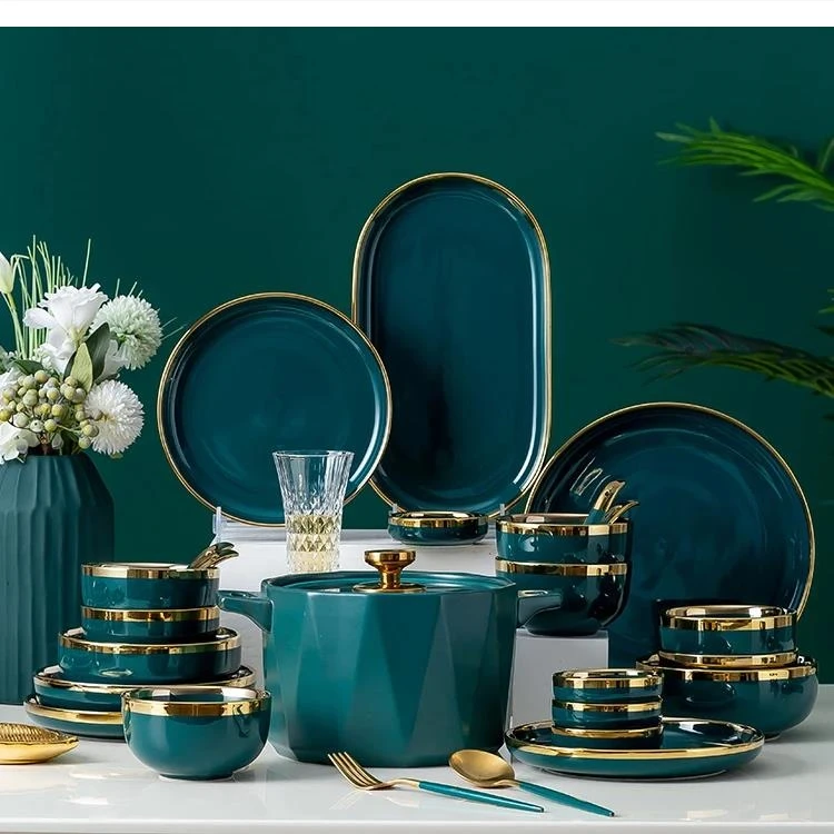 Nordic Ceramic Green Bowls and Plates Set Household Bowsl Dishes Light Luxury Combination with Golden Dinner