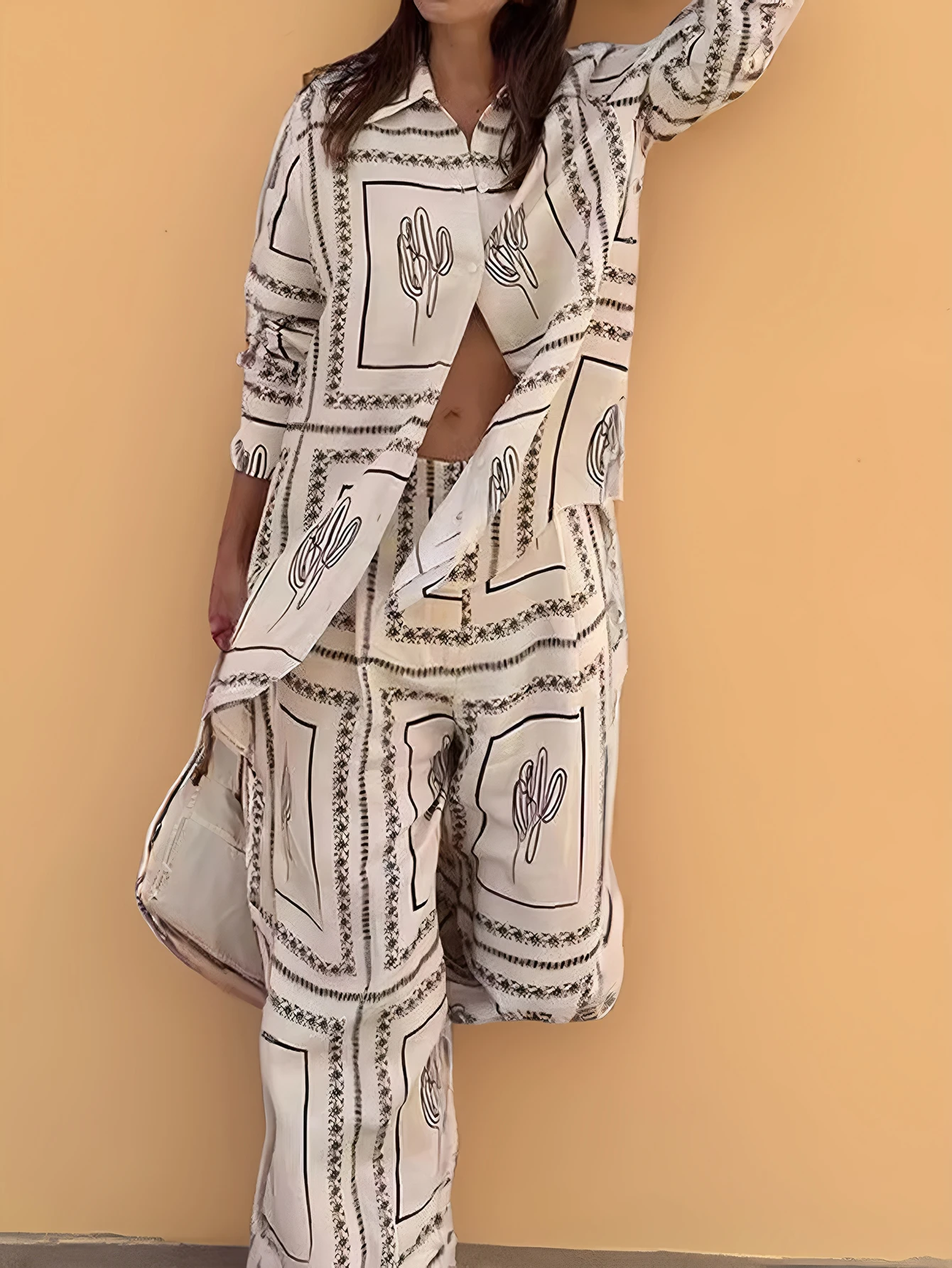 Conjunto de camisa e calças de manga comprida com estampa xadrez feminina botão frontal roupa casual calças de comprimento total outono roupa diária
