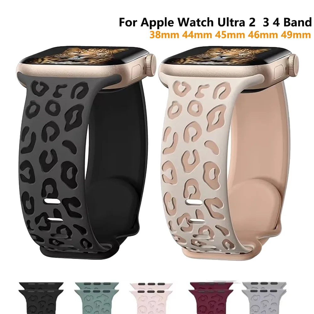 Engraved Leopard Strap For Apple Watch Ultra 2 3 4 Band 49mm 44mm 40mm 45mm 38mm Silicone Bracelet iWatch Series 10 11 12 9 8 SE