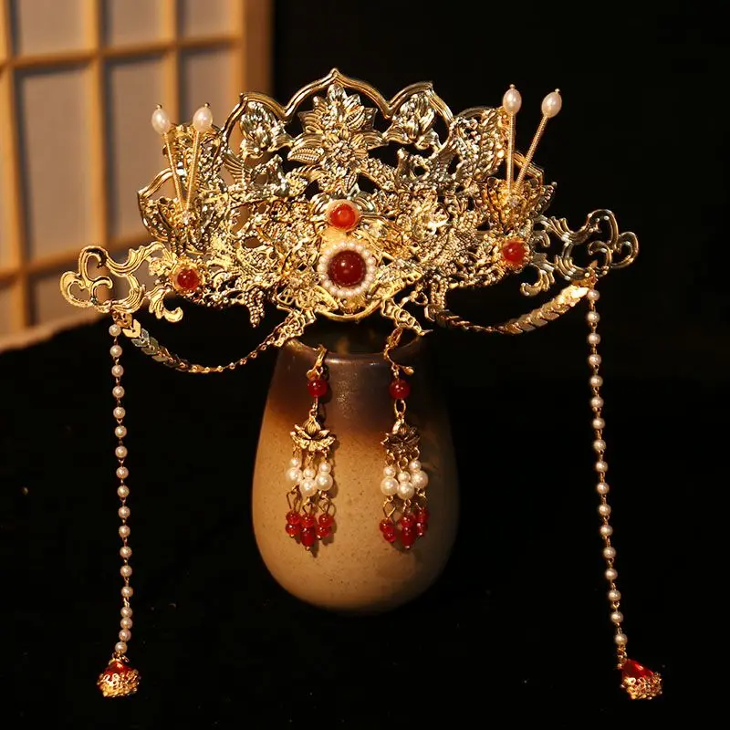 Headwear Anti-Golden Phoenix Antique Hair Immortal Tassel Tang Style Ming Style Hair Crown Ancient Suit Full Set of Accessories