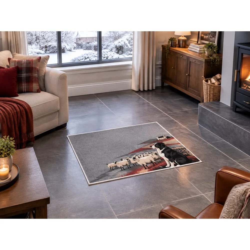 VIKAMA British Slate Brick Sheepdog Flock Flannel Door Mat, Anti-Slip Washable Floor Mat, UK Home Decor for Home, Entryway