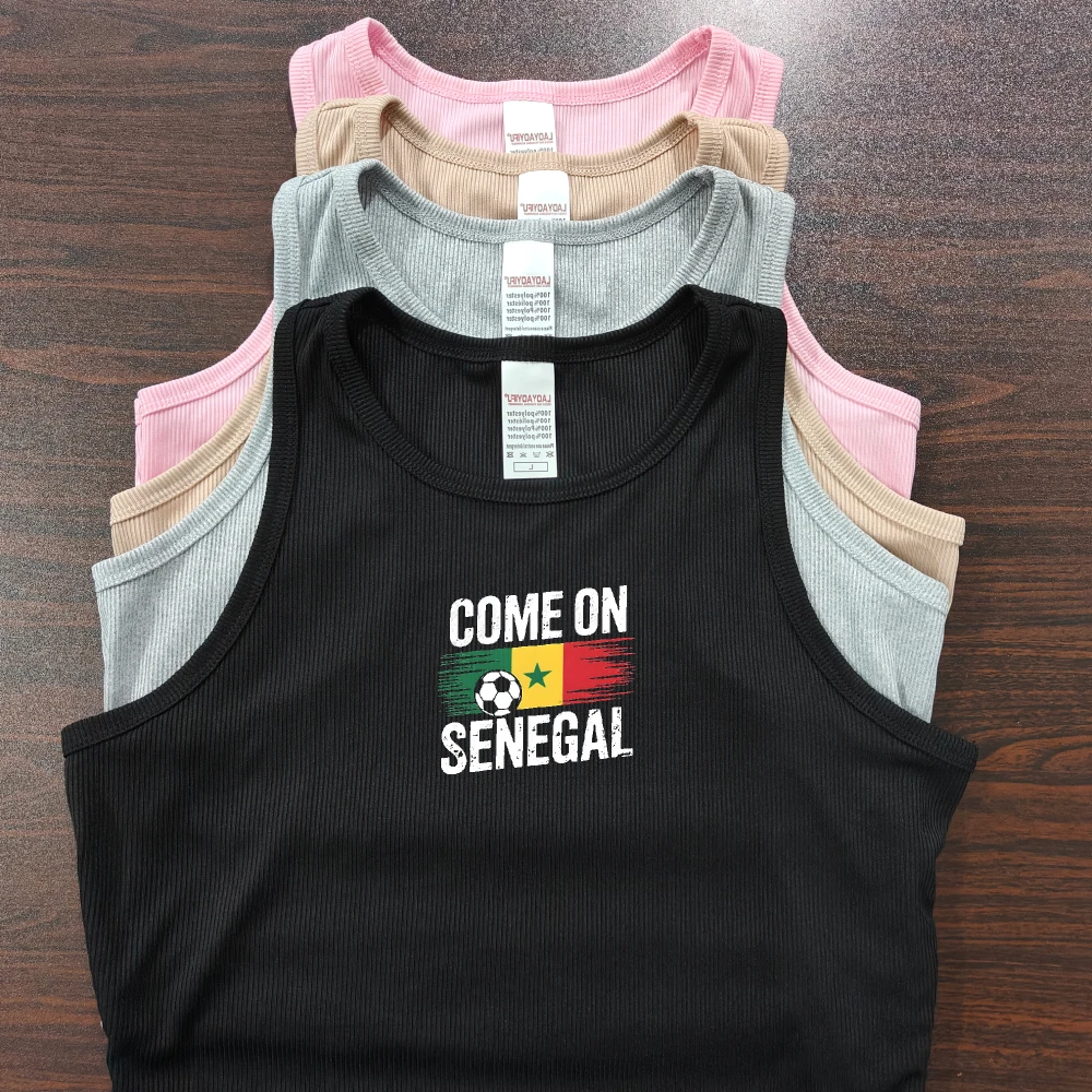 Come On Senegal 2026 Soccer Distressed Flag Print Women Ribbed Sleeveless Crop Tank Top Sexy Y2K Summer Casual Ladies Tee