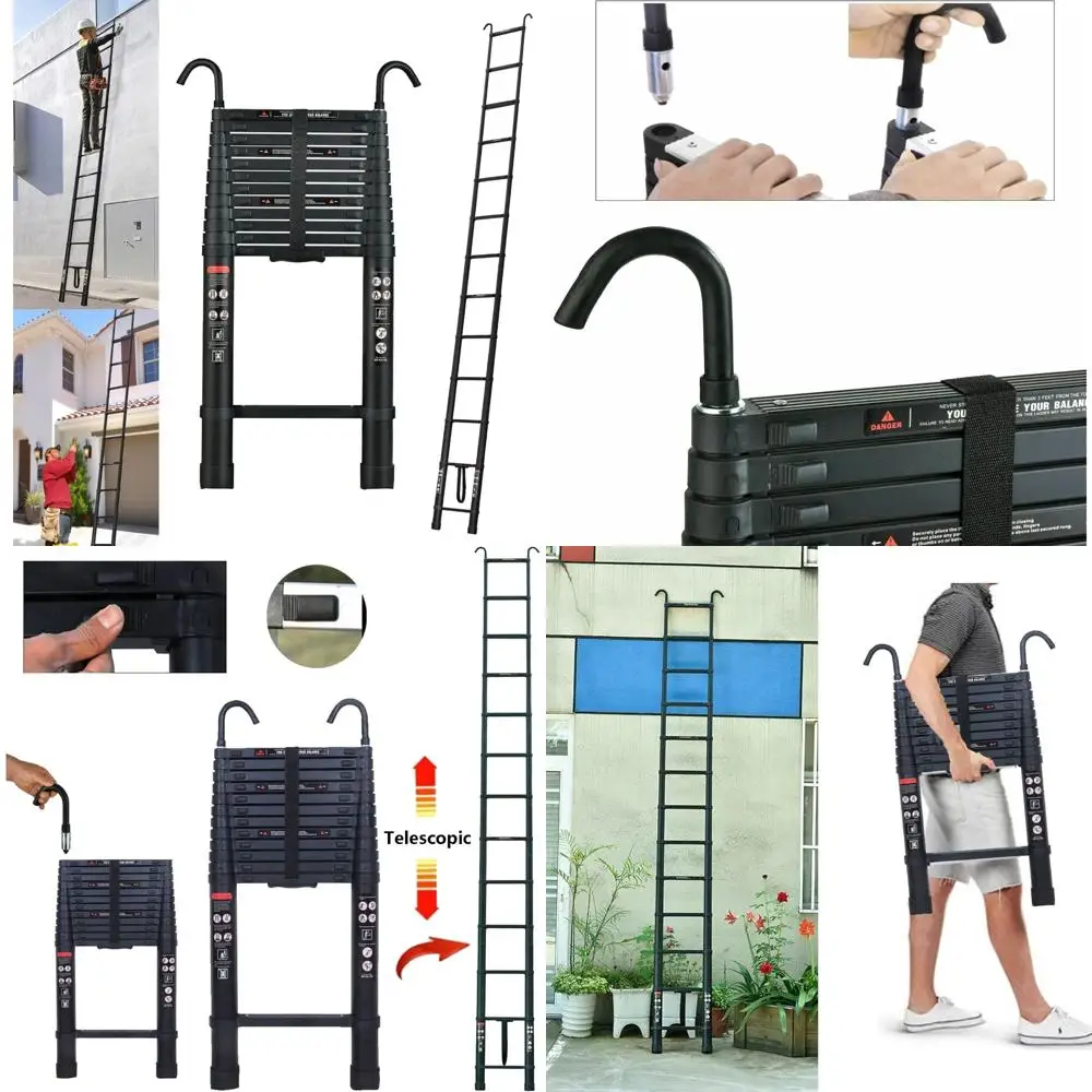 アルミ製伸縮はしご 16フィート 屋根フック付き、家庭用折りたたみ式、ロック機構付き、RV車に最適