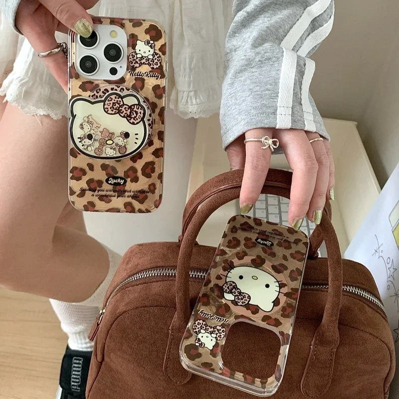 Sanrio Hello Kitty Leopard Print Magnetic Holder Magsafe Wireless Charge Phone Case For iPhone 16 15 14 13 Pro Max Hard Cover
