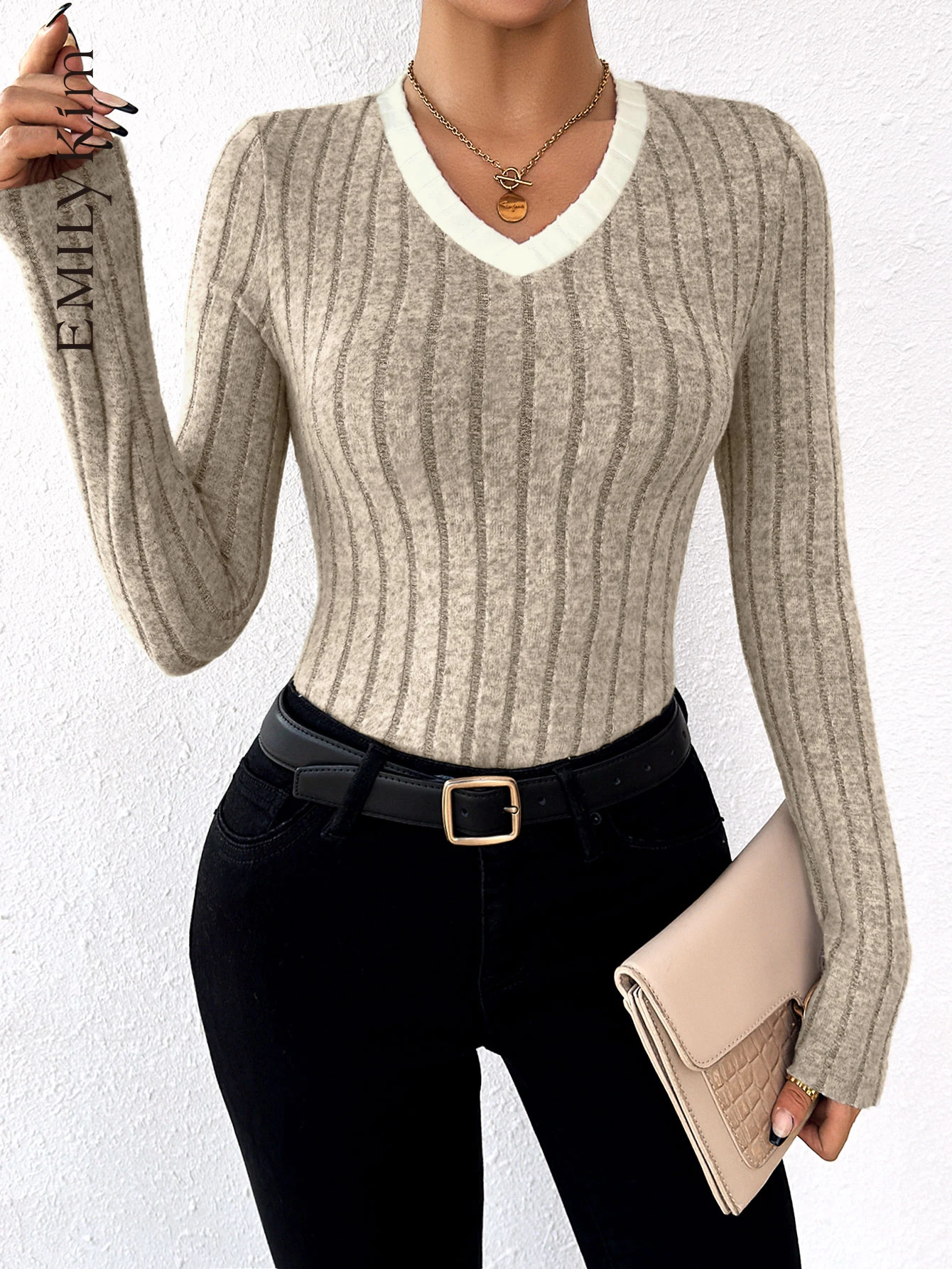 Women Fashion Casual Striped Texture Long Sleeve Tees Women Spring Fall Blouse Pacthwork Trim V-neck Knit Tight Women\'s Tops