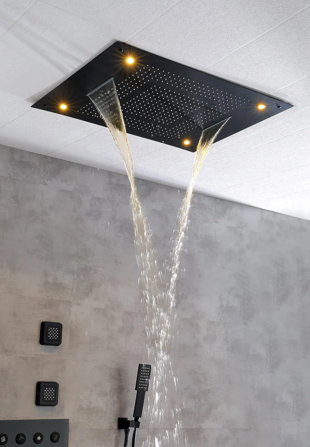 black 800x600mm Extra Large Skylight Embedded Shower Set, Thermostatic Mixing Valve with Spray Function with Wall Spray Function