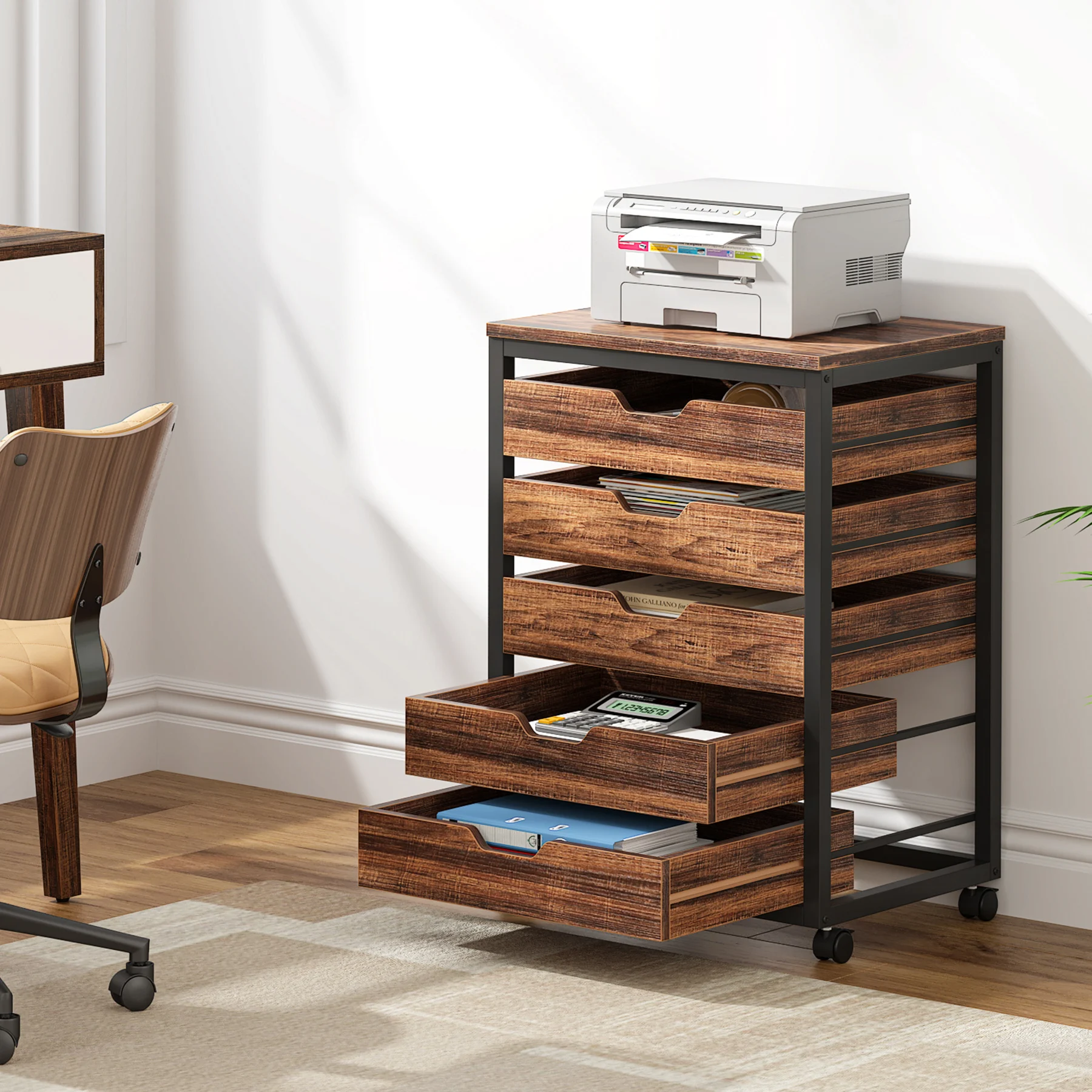 # 5-Drawer File Cabinet, Wood Mobile Storage Drawer Unit, Industrial Office Cabinet with Drawers & Wheels