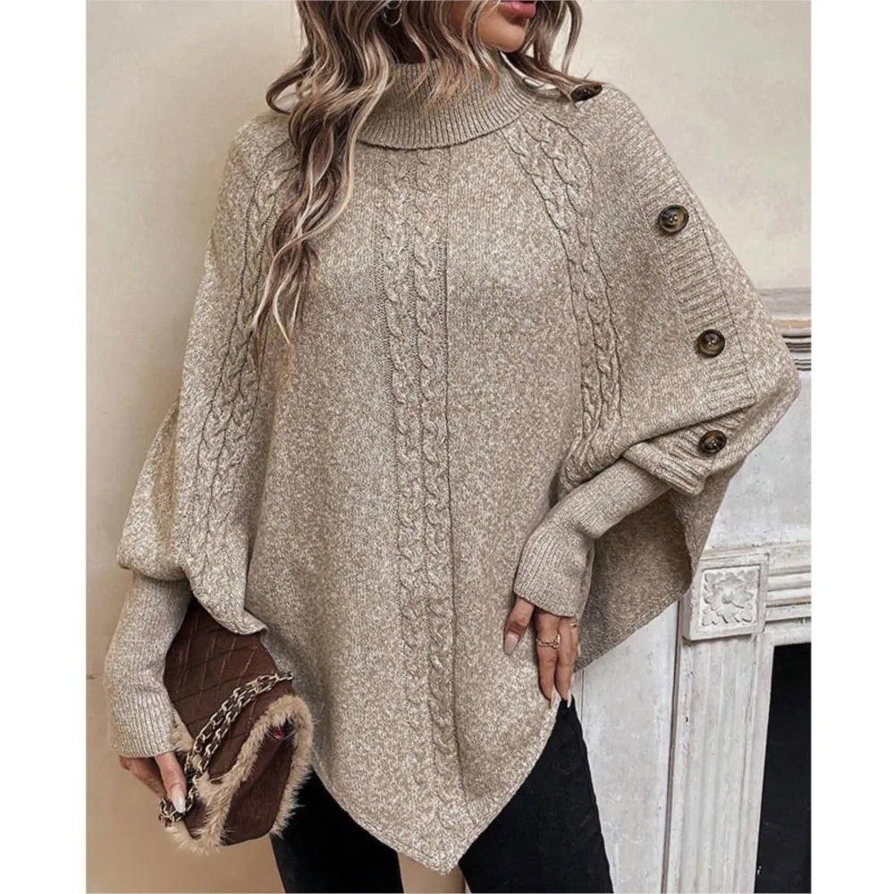 Autumn Winter New Women's Irregular Sweater Women's Knitted Fashion Twisted Flower High Collar Button Bat Sleeve Pullovers Top