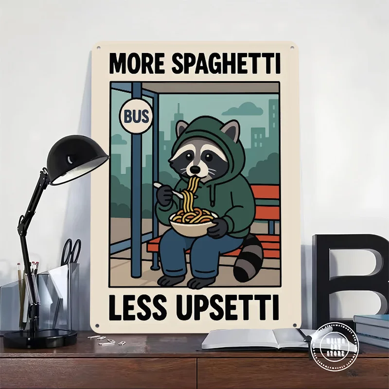 Raccoon Eating Spaghetti At Bus Stop Personalized 3D Textured Metal Poster Wall Art Vintage Tin Signs for Room Decor Wand Deko