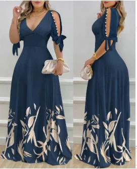 Dresses for Women 2023 Summer Casual Cold Shoulder Half Sleeve Floral Print Split Sleeve Pearls Decor Fashion A Line Maxi Dress