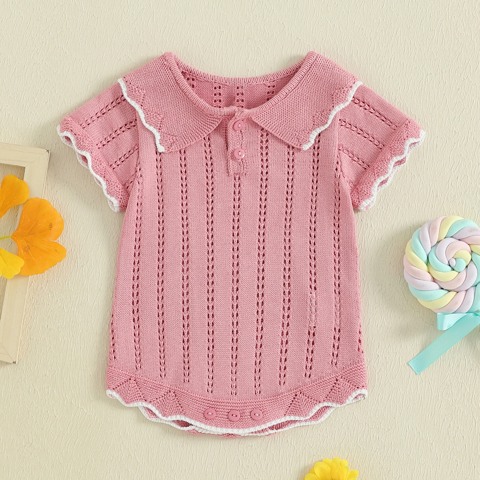 

Lioraitiin Baby Girl Summer Knit Romper Loose Fit Contrast Color Trim Half Button Up Doll Collar Short Sleeve Infant Jumpsuit
