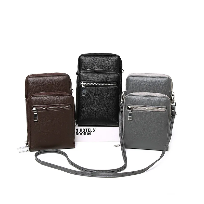 Classic Black 2023 Trend Men's Soft Leather Small Shoulder Crossbody Bag Zipper Wallet Phone Pocket Card Holder with Long Strap