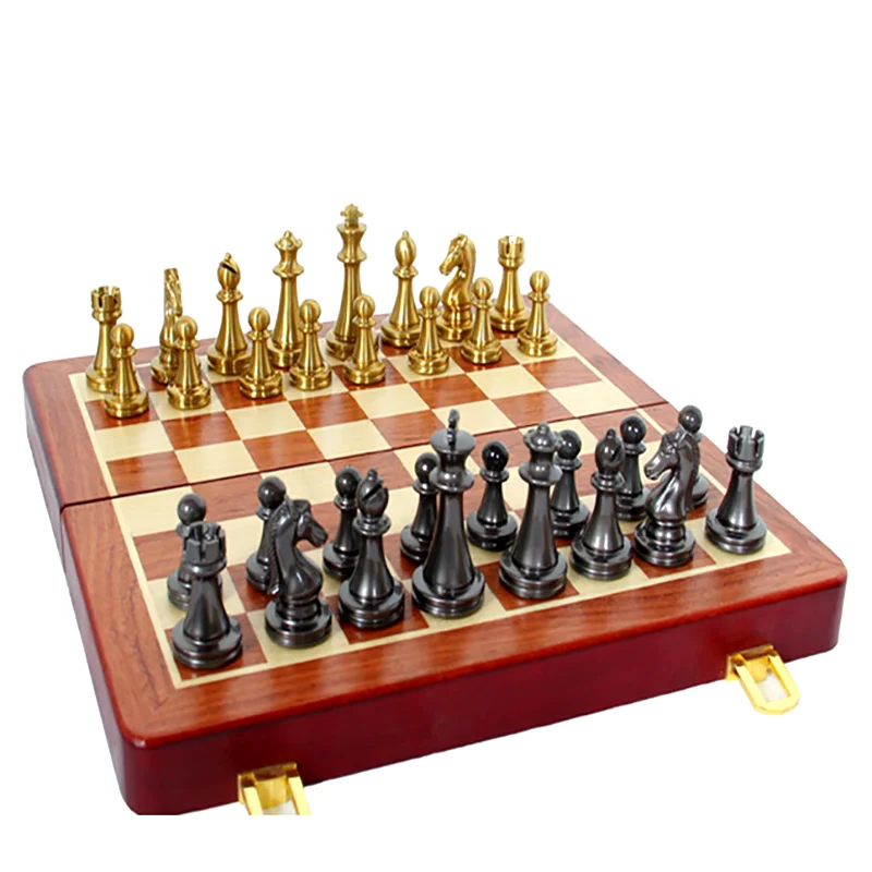 Luxury Metal Chess Glod Black Chess Pieces Foldable Checkerboard Family Travel Board Game for Adult Children Table Games Gifts