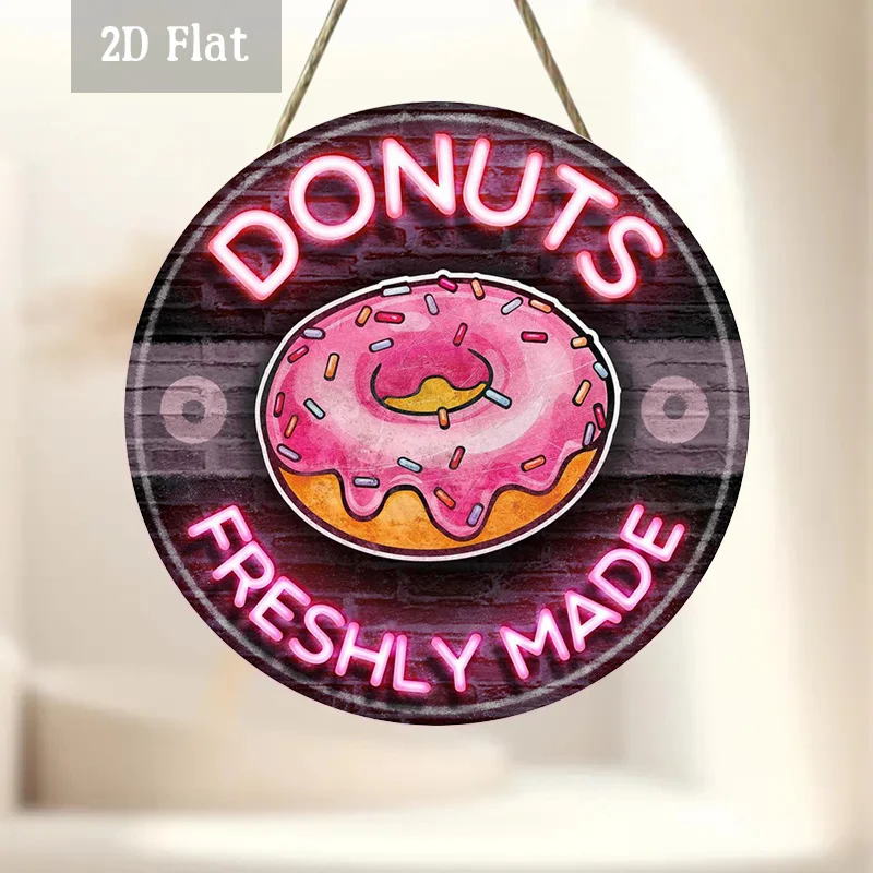 2D Flat - 1pc a Neon Donut Sign on a Wooden Panel, Perfect for Decorating with a Dessert Theme. This Round Wall Art Features Bri