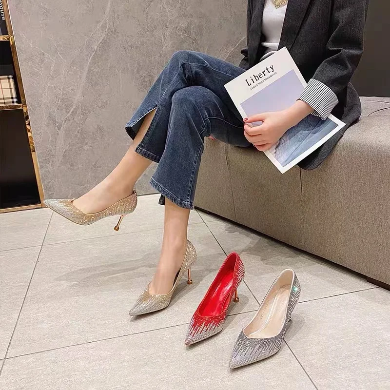 Spring Autumn Women Wedding Shoes Pointed Toe Rhinestones Diamond High Heels Stilettos Sandals Dinner Party Bling Fashion Pumps