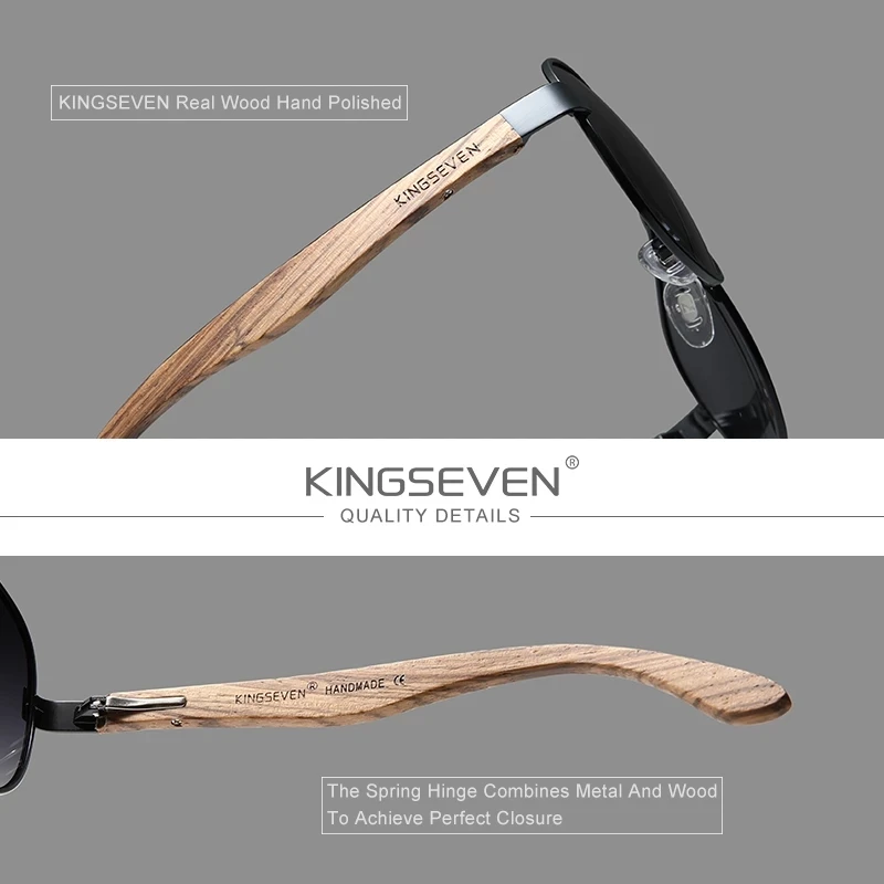 KINGSEVEN Zebra Holz-Piloten-Sonnenbrille, polarisiert, UV400, modische Spiegelbrille für Herren und Damen, Brillenbügel, Oculos – Detail 2