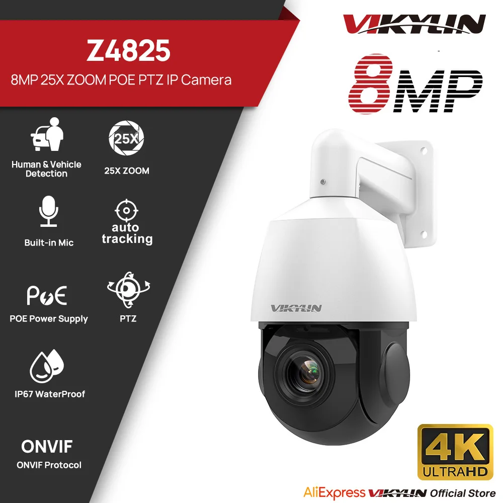 Vikylin 4K 8MP PTZ 25X Zoom 100M IR Night Vision Poe IP Security Camera Human Auto Tracking MD2.0 For CCTV Surveillance Camera