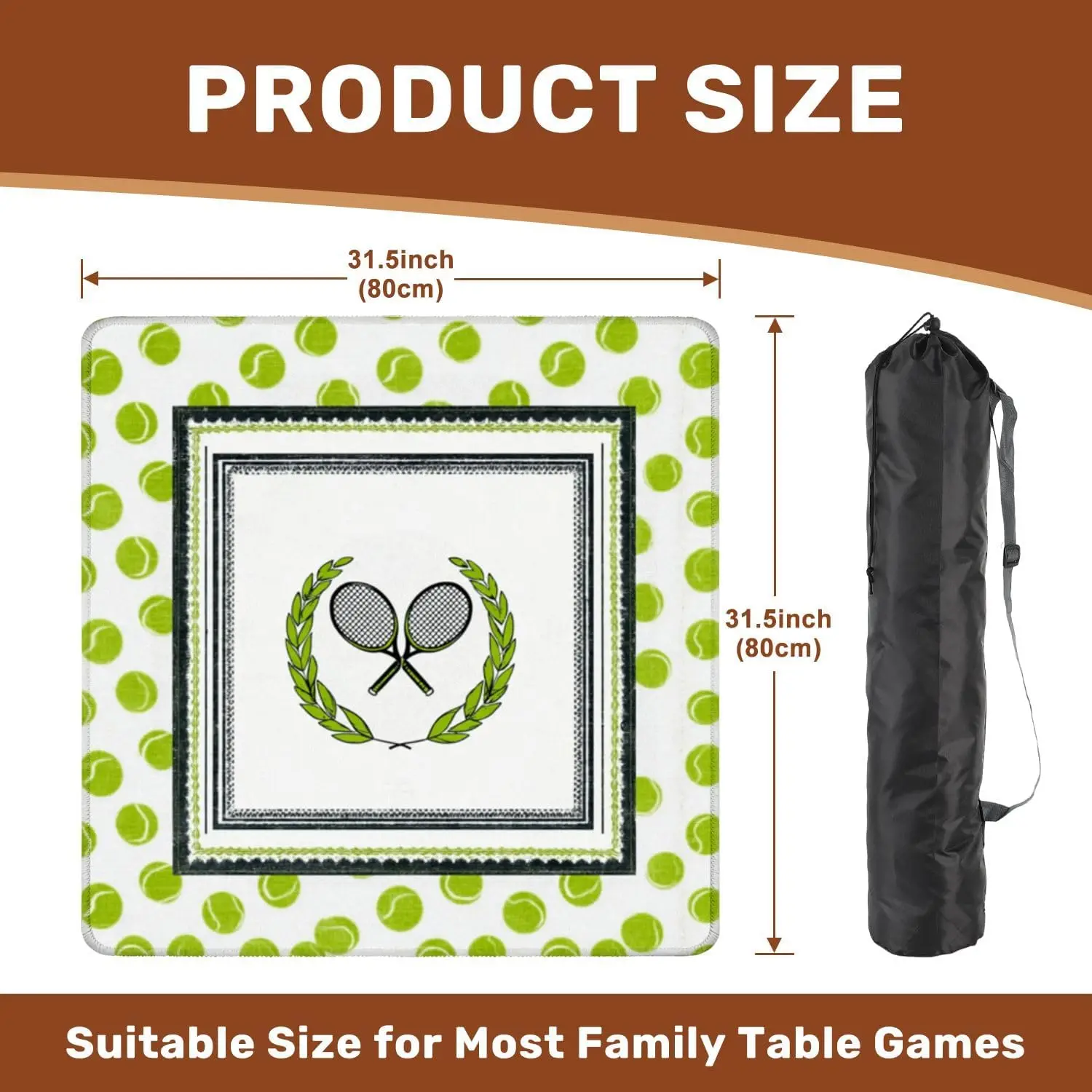 Tennis Racket Laurel Wreath Mahjong Mat with Carrying Bag 31.5 X 31.5 Non Slip Noise Reduction for Poker Dominoes Tile Games