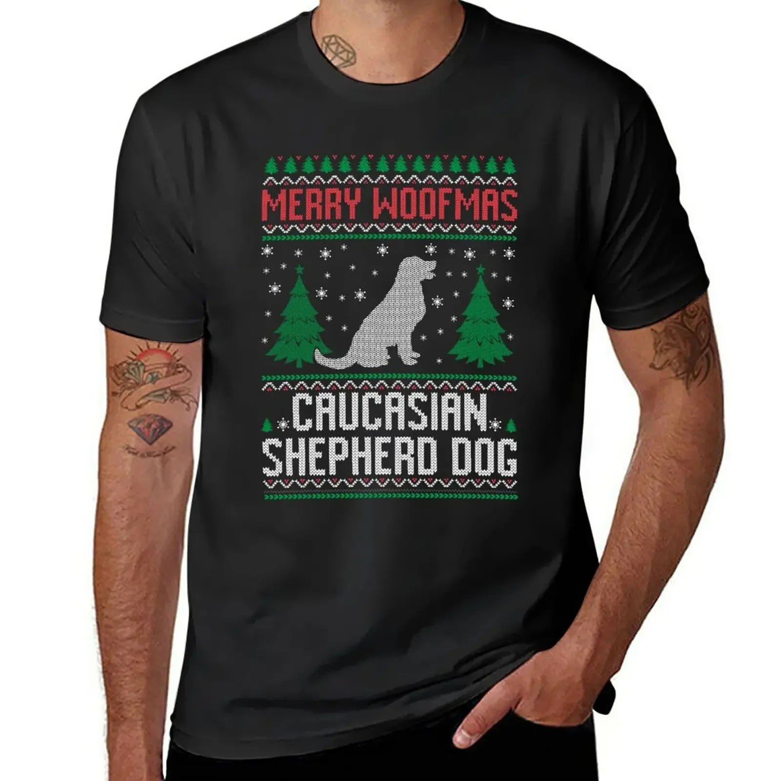 Ugly Christmas Sweater Gift For Dog Lovers Merry Woofmas Caucasian Shepherd Dog T-Shirt rapper graphic tees mens white t shirts