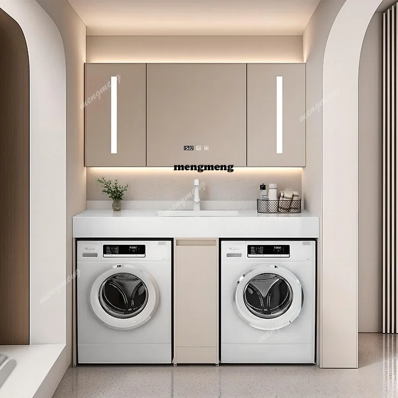 Customized hot curved rock slab laundry cabinet integrated bathroom washing machine dryer balcony cabinet combination