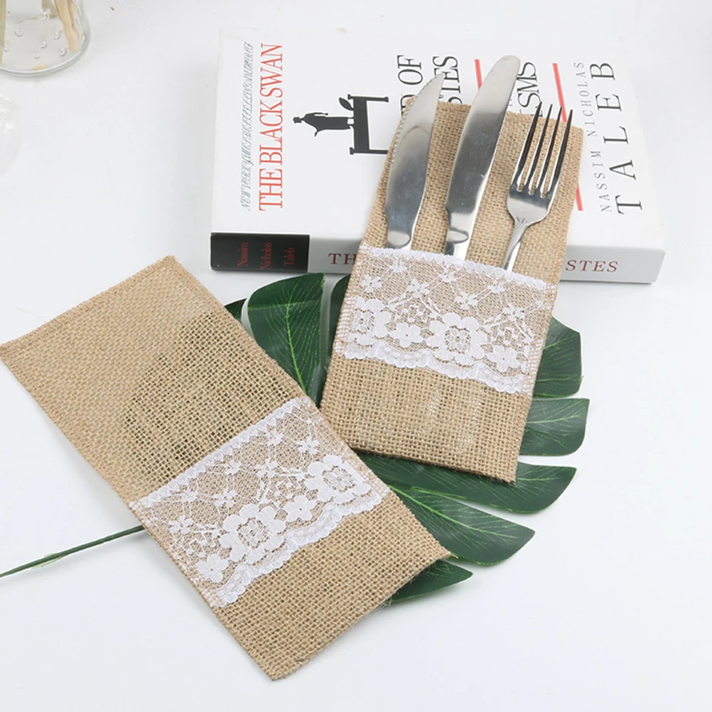 

10 Pcs Cutlery Holder Fork Bag Jute Jute Lace Cutlery Holder Tableware Cover Lace Vintage Utensils Pocket Rustic Home Decor
