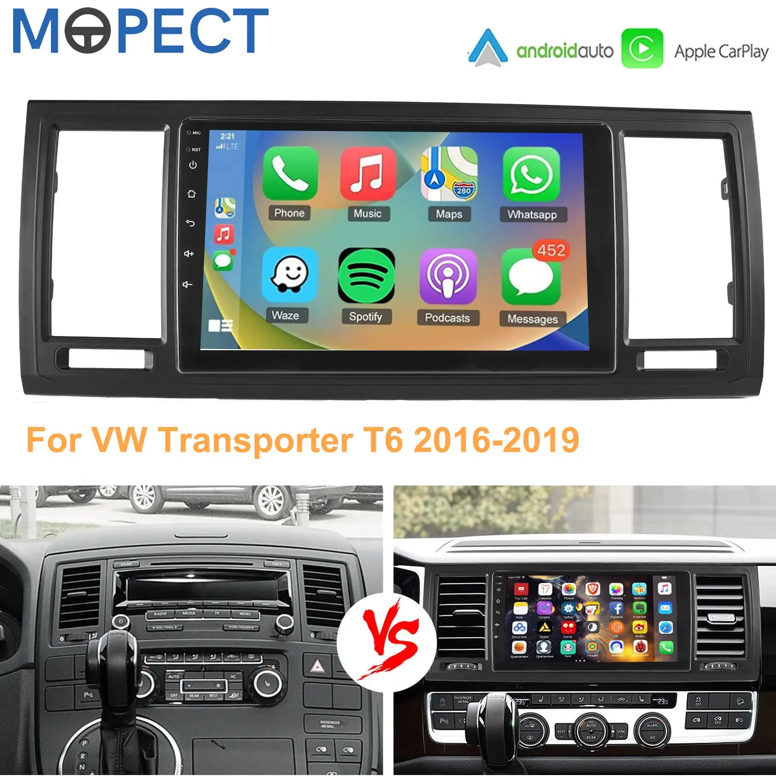 MOPECT 128G Kabelloses CarPlay Android Auto Autoradio für VW Volkswagen Transporter T6 Caravelle Multivan T6.1 2016-2019 Android 15 GPS Multimedia-Player WiFi BT RDS IPS Touchscreen Stereo Autoradio