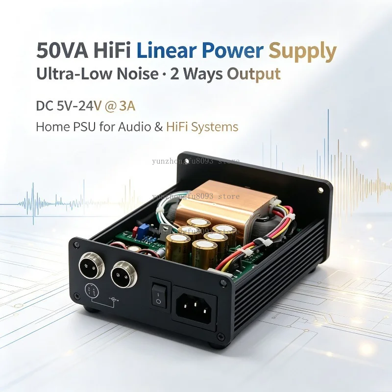 50VA HiFi Ultra-Low Noise Linear Power Supply, 2-Way DC 5V–24V @ 3A PSU for Home Audio and HiFi Systems