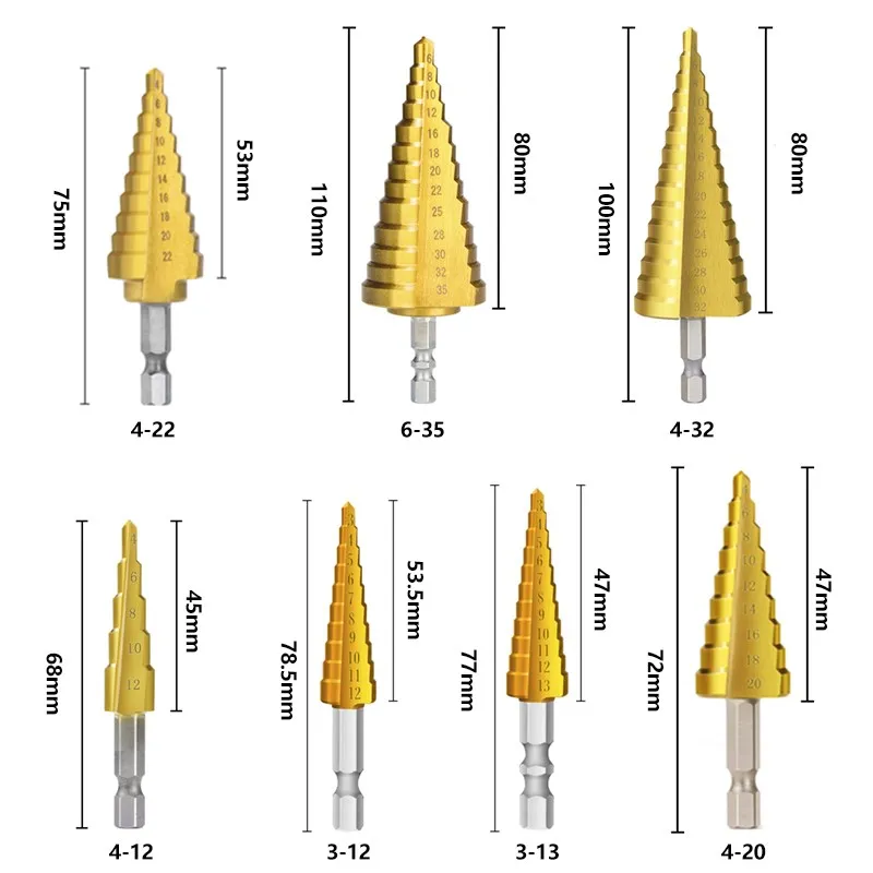 HSS Straight Groove Step Drill Bit TiN Coated Wood Metal Hole Cutter Core Drilling Tools 3-12 3-13 4-12 4-20 4-22 4-32 6-35MM