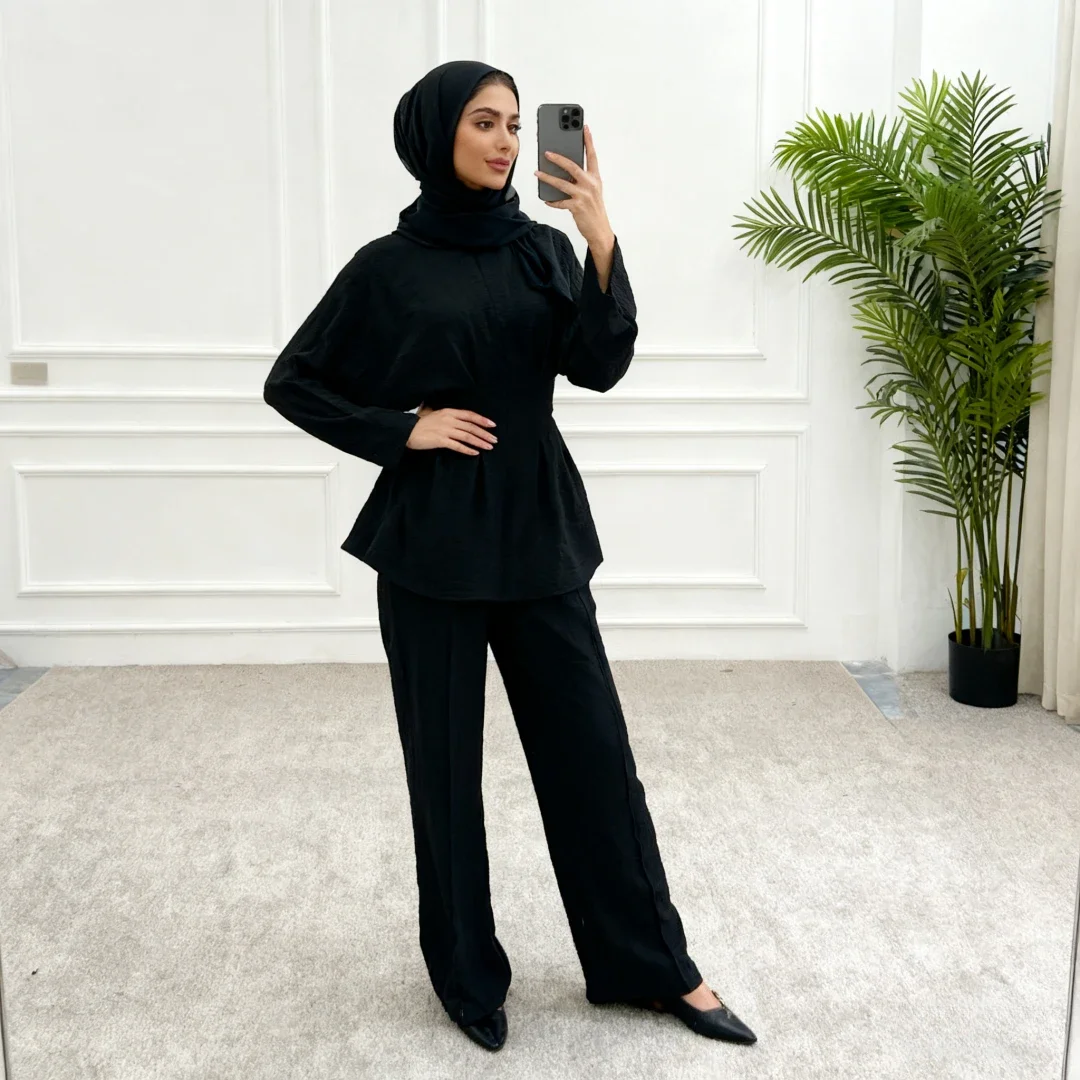 イード女性用シャツとストレートパンツのムスリムセット、2ピースセット、レースアップ、ラマダン、ドバイ、モロッコスーツ、ムスリムアンサンブル、アラブロングパンツ