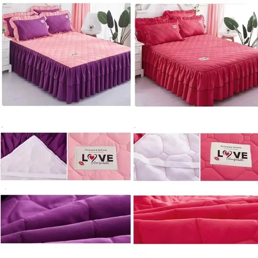 3pcs Thickened Cotton Bedspread Bed Skirt Lace Bed Apron Solid Colour with Pillowcase Faldón De Cama De 3 Piezas En Color Liso