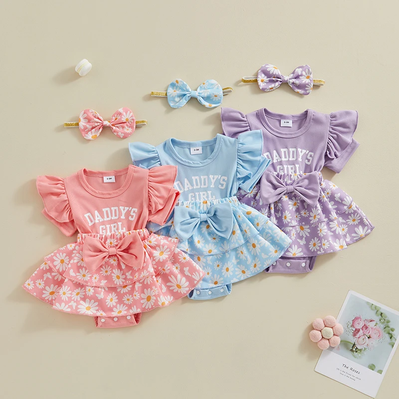 

Lovely Baby Girls Summer Romper Dress Flying Sleeve Letter Daisy Print Patchwork Romper with Headband 0-18Months