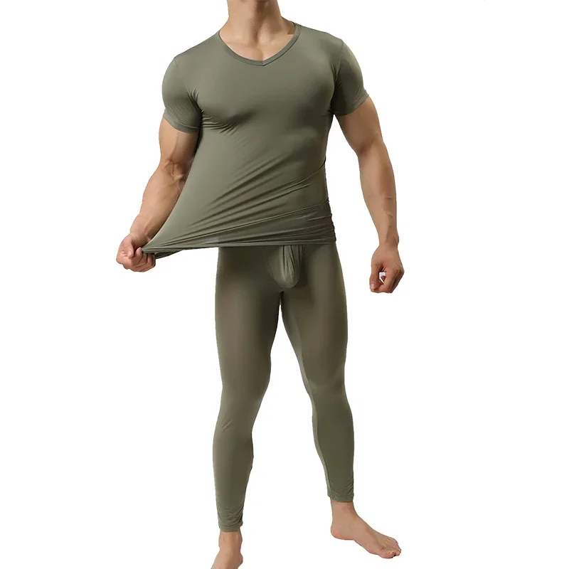 2pcs/set Fashion Underwear Men Long Johns Set Elastic Ultra-thin Silk Translucent Pajamas Tops+Leggings