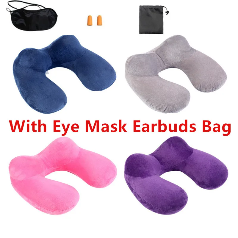 1 Set Blue U-Shape Travel Pillow Neck Pillow With Eye Mask Earbuds For Airplane Inflatable Travel Accessories Comfortable Pillow